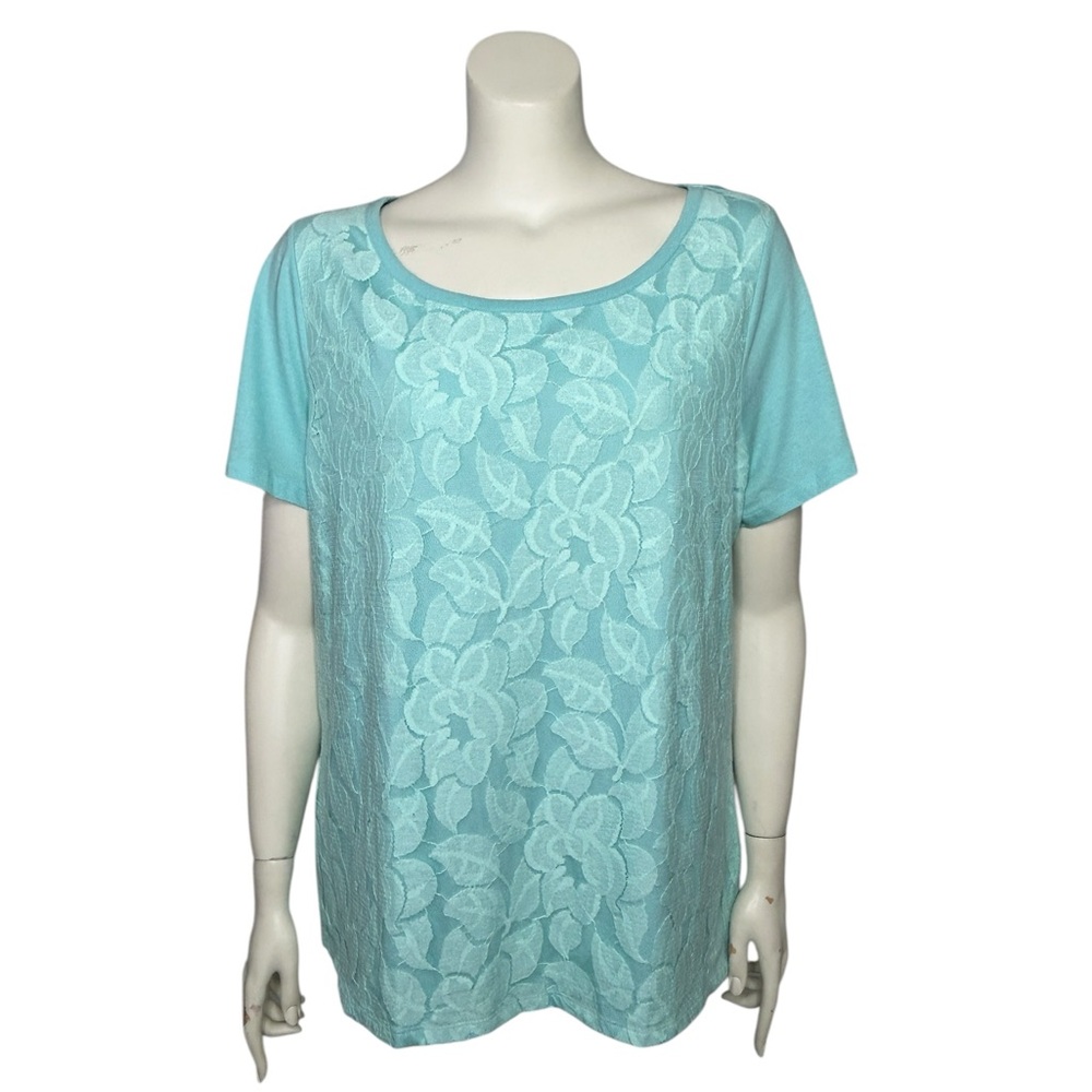 Lane Bryant Top 18/20 Aqua Blue Short Sleeve w/ Floral Lace Coastal - Picture 2 of 15